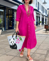 V-ringad Klänning i enfärgad bomull och linne